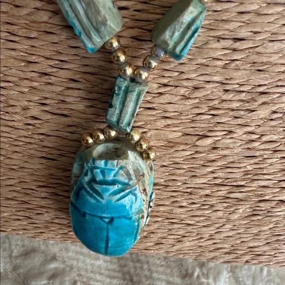 Turquoise scarab  and Silver Beaded Necklace - Picture 2 of 10